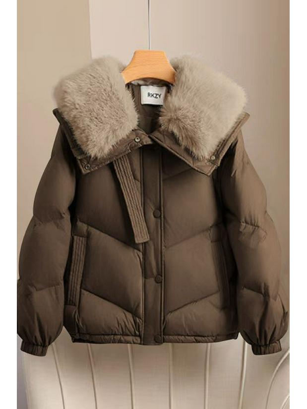 Damska Ciepła Khaki/Czarna Kurtka Bawełniana z Kołnierzem ze Sztucznego Futra - Zimowy Płaszcz Petite