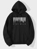 Men Black Drawstring Hoodie Forest Barcode STAY WILD Letter Print Long Sleeve Kangaroo Pocket Sweatshirt