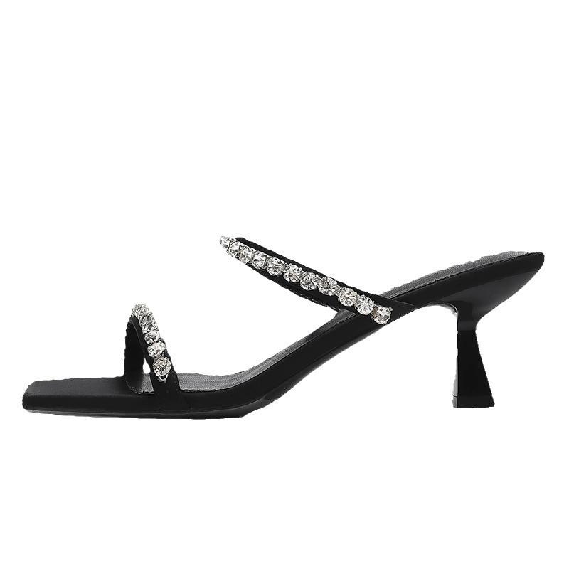 Silver high heels women's thick heel with full diamond slippers women's summer outer wear medium high heel sandals women's 2025 new models