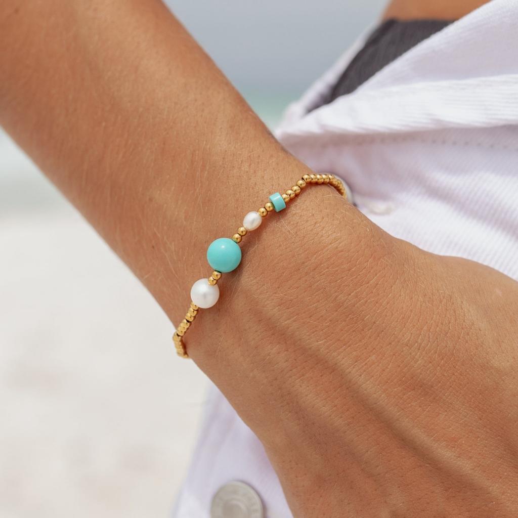 Vlen Natural Turquoises Summer Bracelet for Women Boho Jewelry High Quality Gold Plated 18 K Freshwater Pearl Bracelets