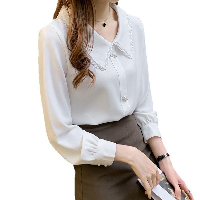 Blue Shirt Chiffon Doll Collar Top Long Sleeved Spring and Autumn Women's Shirt