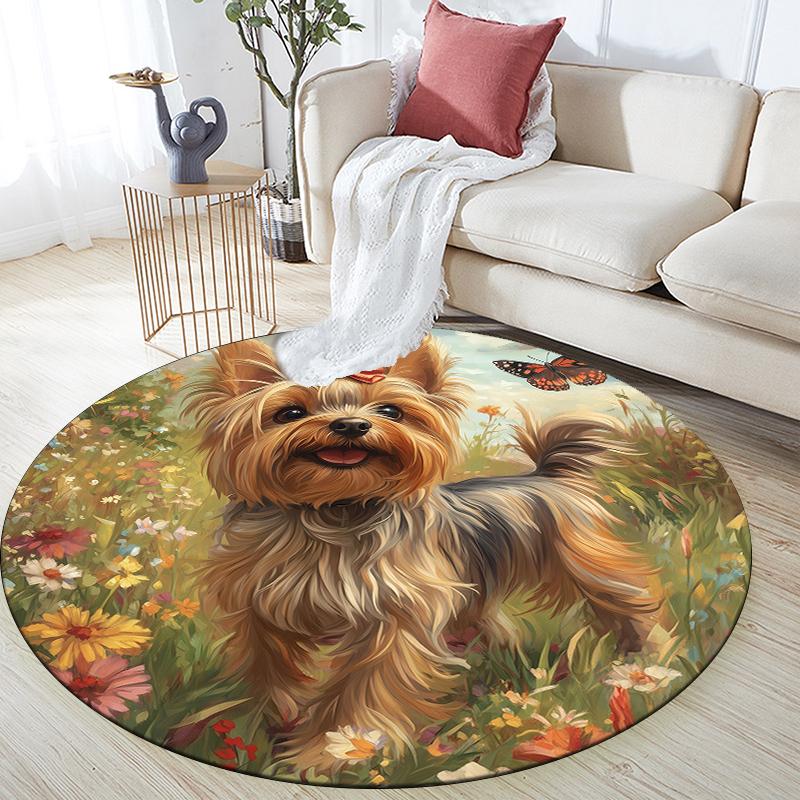 Yorkshire Terrier On the Grass Pattern Round rug,Carpet Rug for Living Room Bedroom Playroom Decor,Non-slip Floor Mat,Holiday Gifts and Birthday Gifts