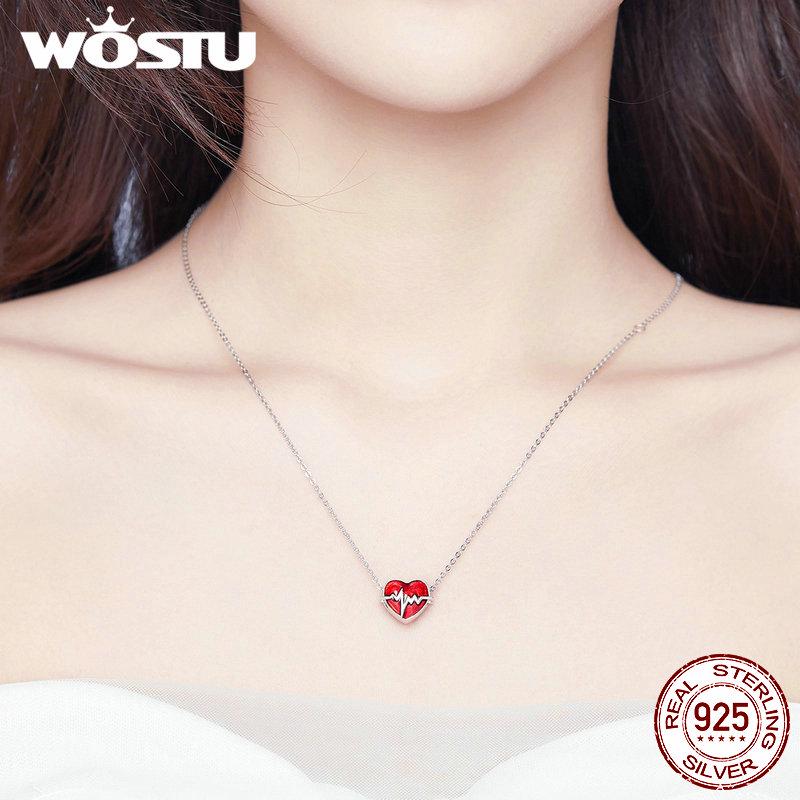 WOSTU 925 Sterling Silver Heartbeat Heart Beads Red Enamel Charms Fit Original Bracelet Heart Charm