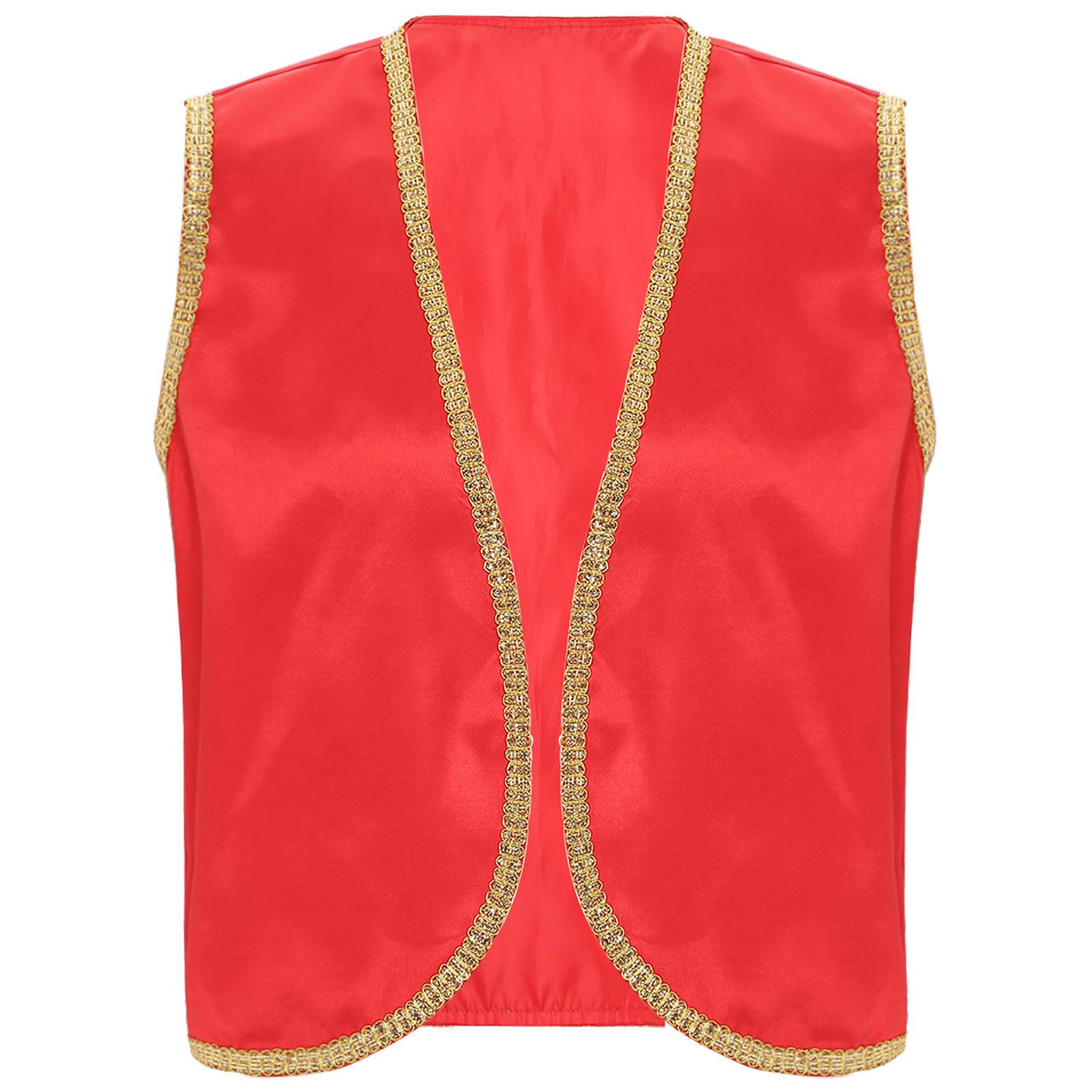 

Mens Arabian Prince Costume Stain Vest Shiny Gold Trim Open Front Curved Waistcoat S бордовий