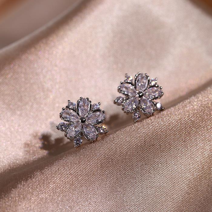 Necklace Wedding Jewelry Pink Zircon Stud Earrings Three-Piece Jewelry Set Ring Flower