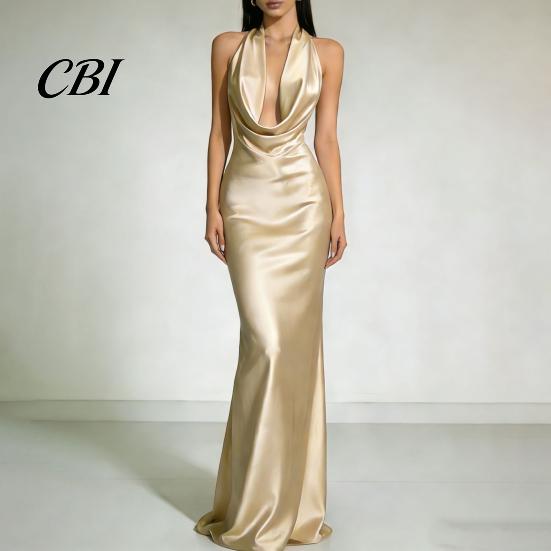 Alltagskleid Damen Sexy Rückenfreies Maxikleid, Tiefes V-Ausschnitt Ärmellos Bequemes Neckholder Satin Lang Formelles Abendparty Meerjungfrauen-Kleid Einfarbig