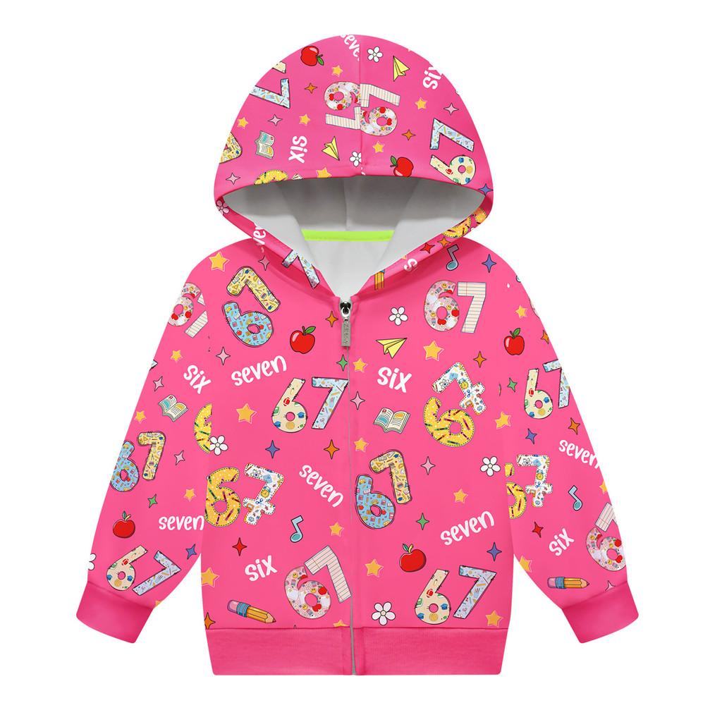 Children Girls Steal a Brainrot 67 Six Seven Printed Hooded Zipper Long Sleeves Jacket