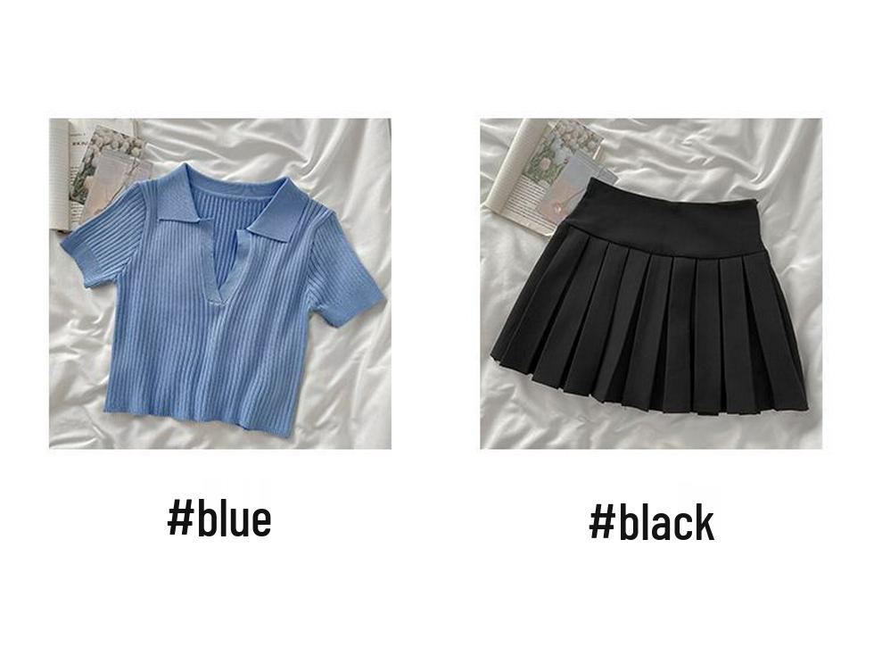Salt-Style Summer Two-Piece: Knit Top & High-Waisted Pleated Skirt Set for Students