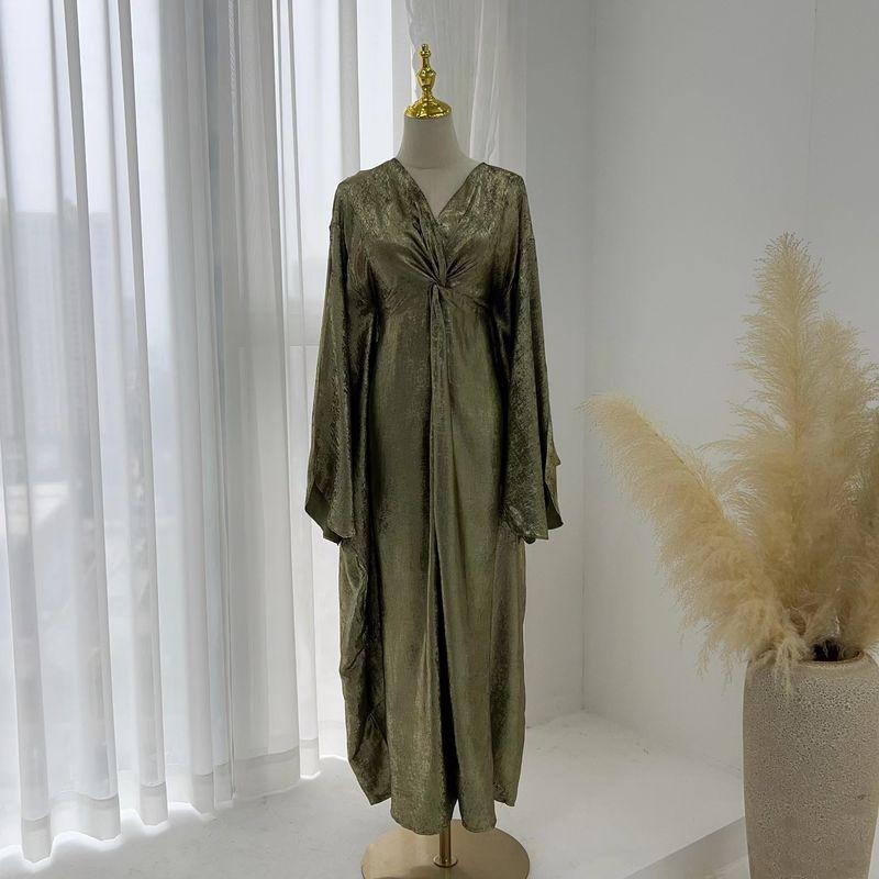 

New Arrival Middle East Elegant V-neck Knot Batwing Sleeve Robe Dress V-Neck Bat Sleeve Dress Army Green All yards