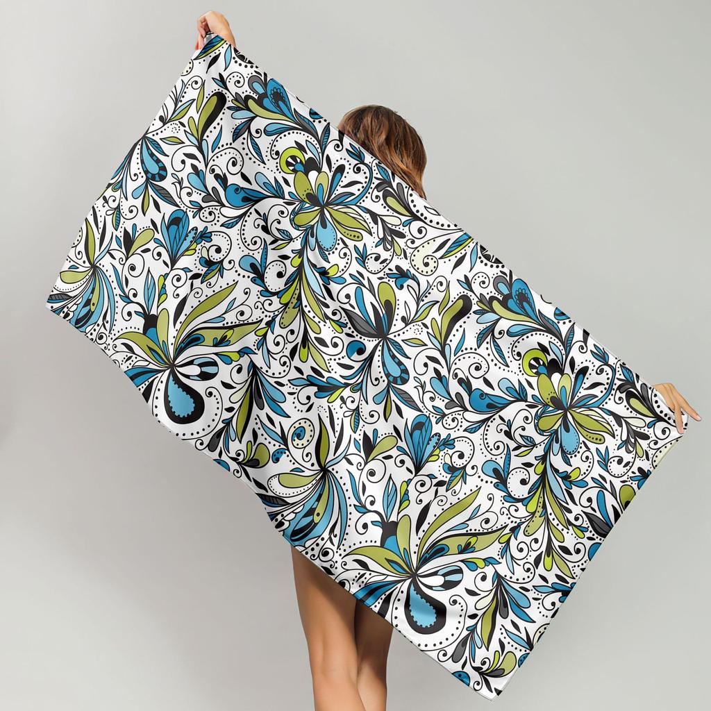 Elegant Green White Floral Beach Towel Polyester Quick Dry Sand Free Swimming Bath Towel For Women Summer Pool Vacation Travel