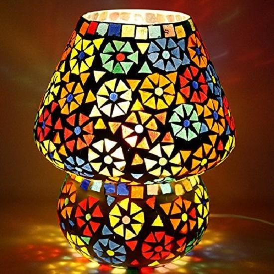 Turkish Multicolored Glass Mushroom Table Lamp, Handcrafted for Bedside, Living Room, and Home Decor, Height 6.5 inches
