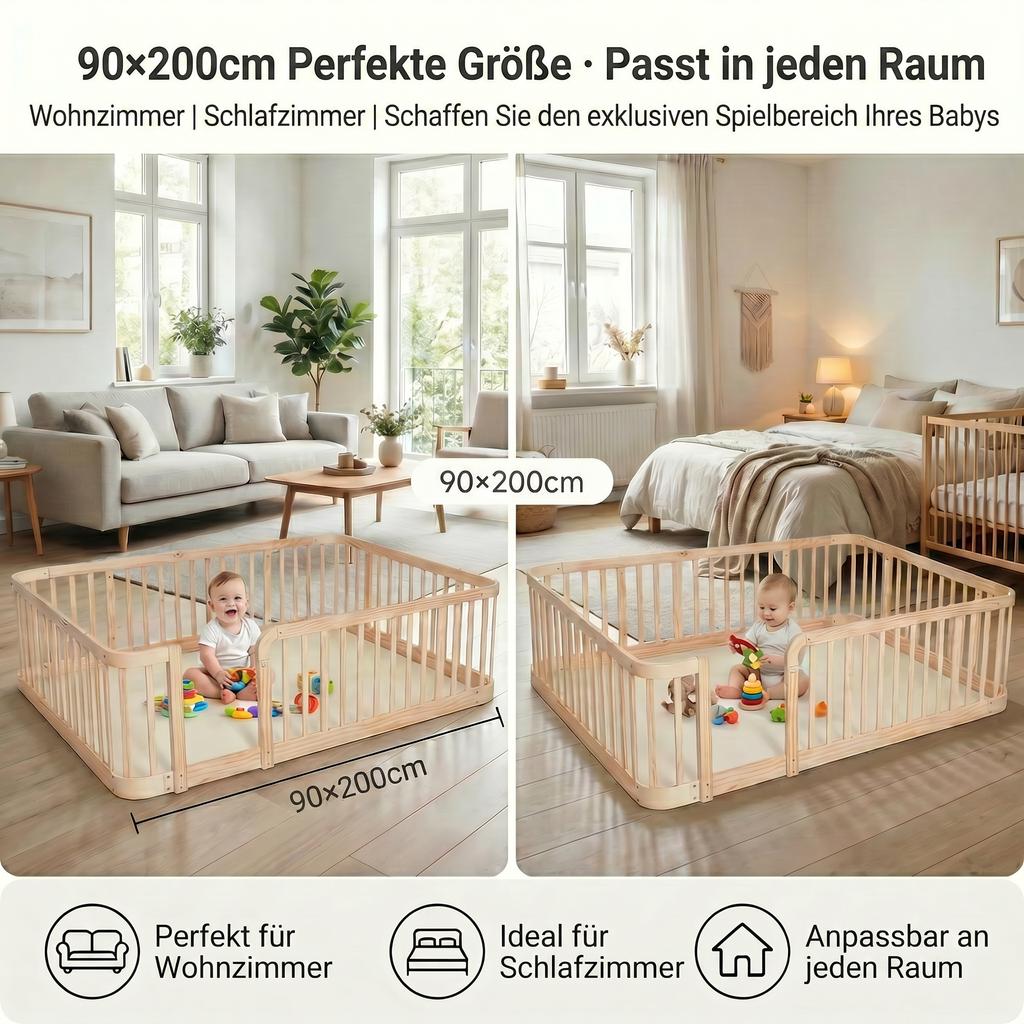 140×200cm Natural Wood Modular Baby Playpen, 7cm Standard-Compliant Gap, Rounded Edges, Universal Child Safety Fence for Indoors
