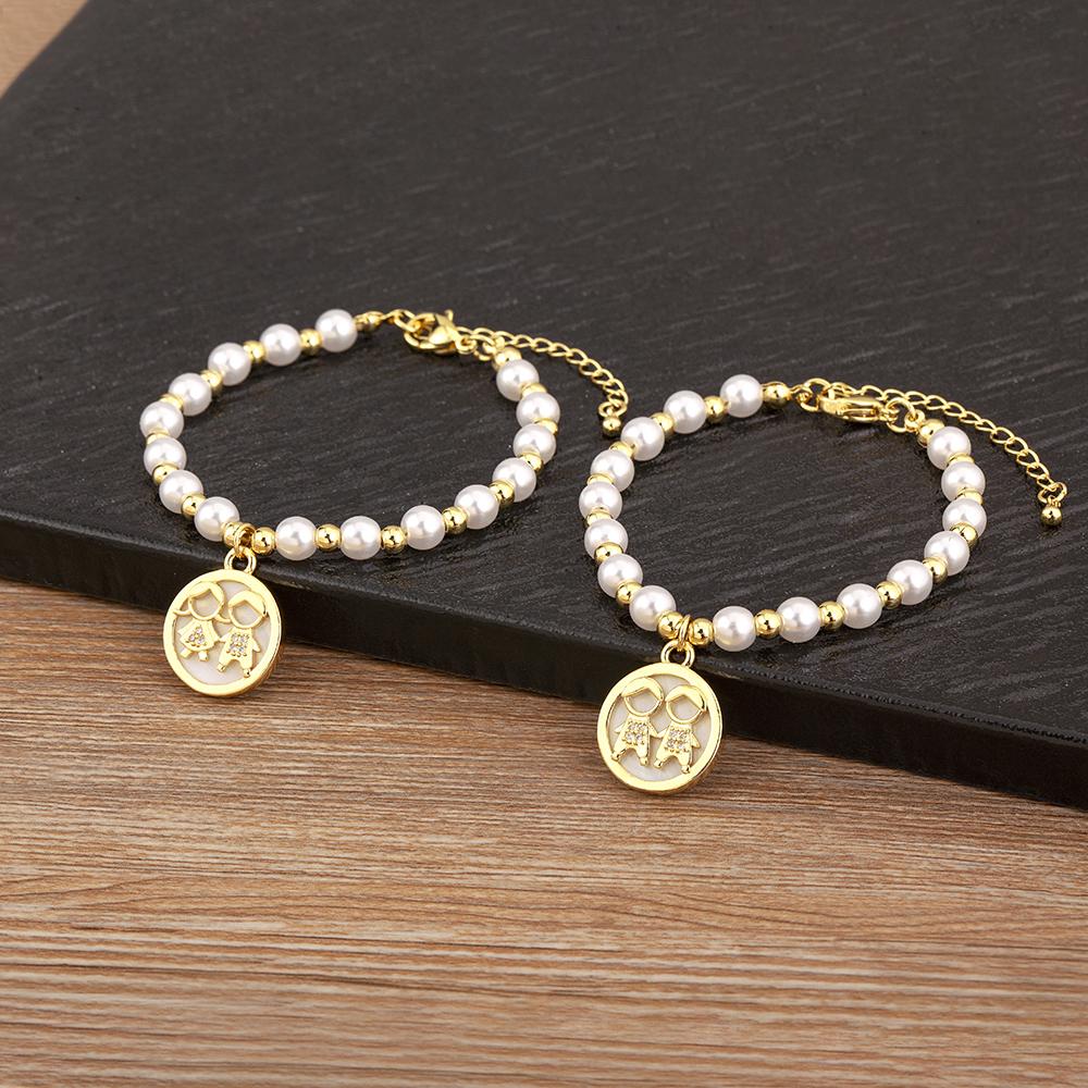 Nidin High Quality Round Shape Girl Boy Pearl Beads Zircon Hand Bracelets For Female Son Daughter Cute Jewelry Mother's Day Gift