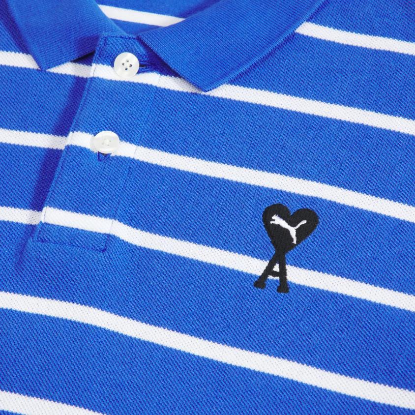 Puma X Ami Paris Co-Branded Series Heart Logo Contrast Stripe Short Sleeve Polo Men Tops Light-Green Blue 534067-93