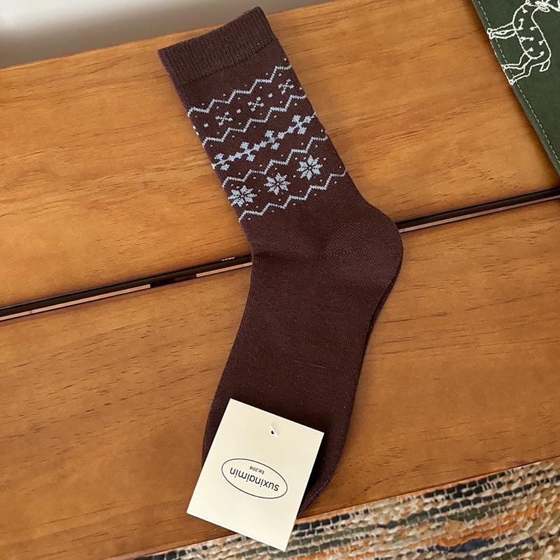 Women's Spring, Autumn and Winter Blue Coffee Mid-calf Socks Embroidered Puppy Warm Fleece Pile Socks