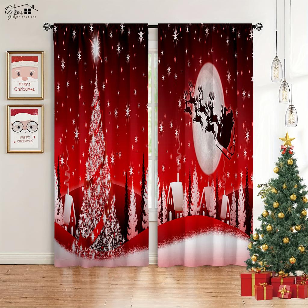 Christmas New Decorative Curtain Christmas Tree Santa Claus Gift Elk Pumpkin Carriage Festive Atmosphere 3D Printed Curtain