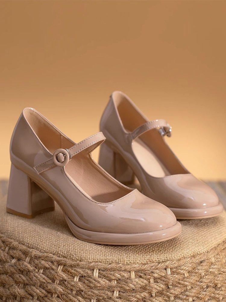 Fashion French Mary Jane Women's Shoes 2025 Nude High Heels Thick Heels Waterproof Platform Round Buckle One-strap Single Shoes
