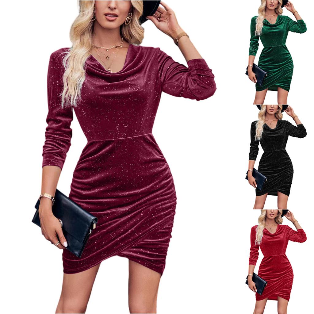 Women's Fashionable Solid Color Long Sleeved Round Neck Sexy Dress