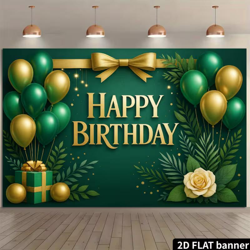 2D Green Gold Happy Birthday Backdrop Banner Balloon Bow Leaf Party Background Decor