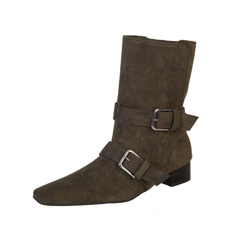 Fashion Women Heeled Ankle Boots 2025 Winter Suede Fashion Buckle Shoes Designer Elegant Short Boots Dress Pumps New Classical Zapatos