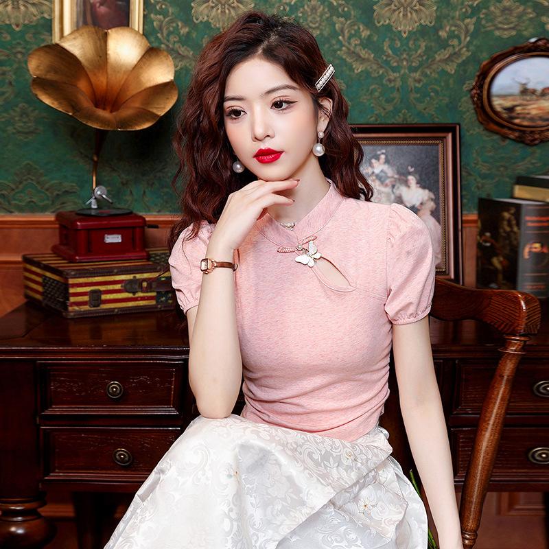 

Вязаная футболка с короткими рукавами и пуговицами, женские летние топы с открытой талией и позитивными плечами XL розовый