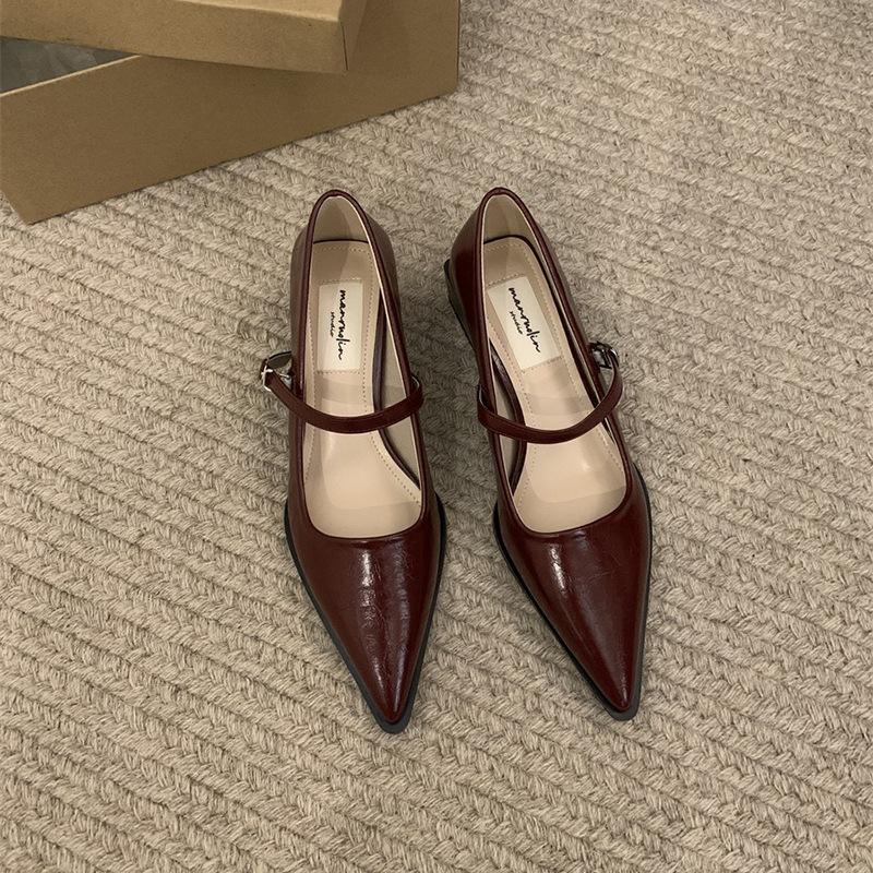 High heels women's thick heel medium heel pointed single shoes new spring one-word buckle Mary Jane small leather shoes