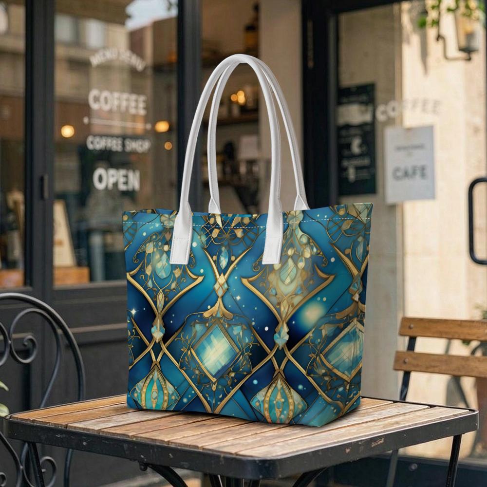 Elegant Blue Gold Pattern Tote Bag Fashion Portable Shoulder Bag for Daily Use