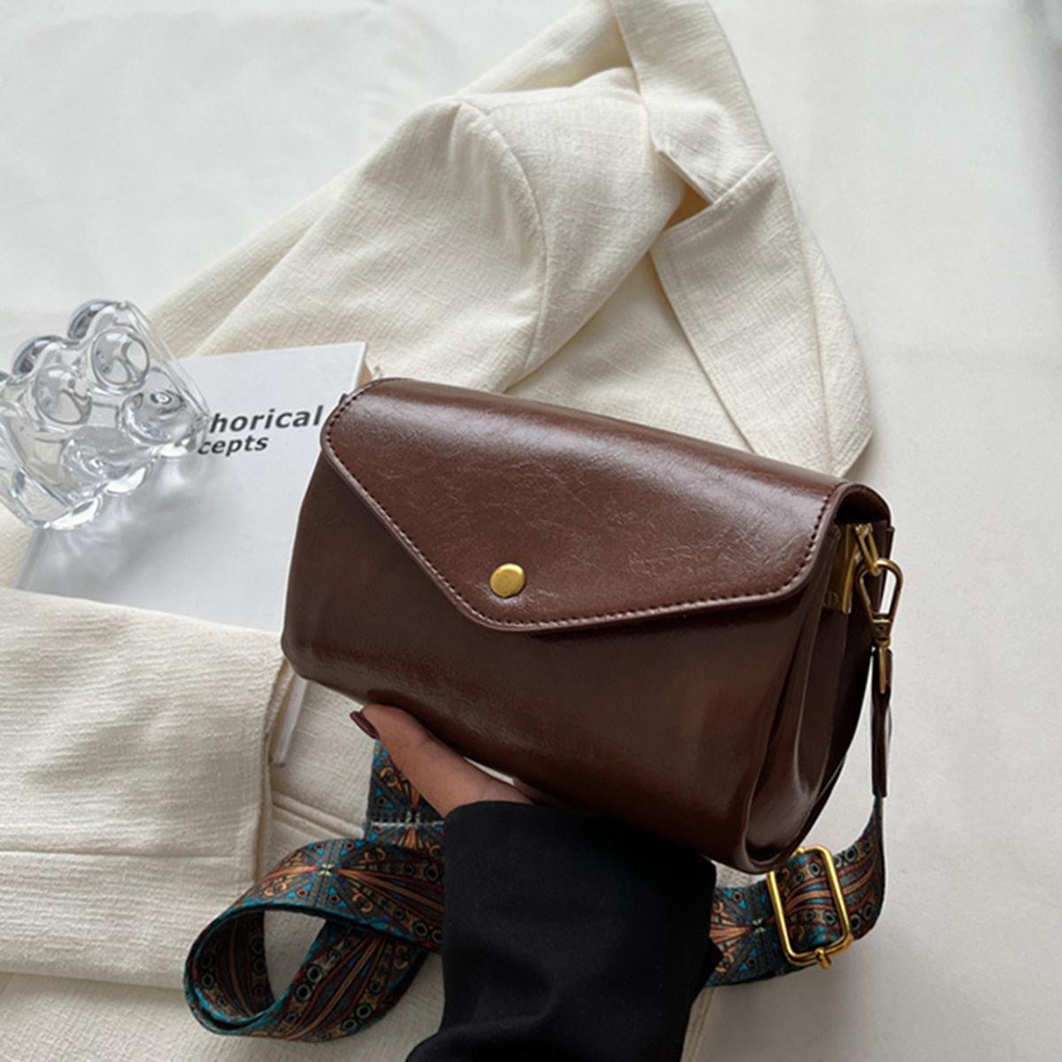 

Женская сумка-мессенджер из искусственной кожи, однотонная, винтажная, с широким ремешком и клапаном, через плечо, MIT 19x11x12cm кофейный