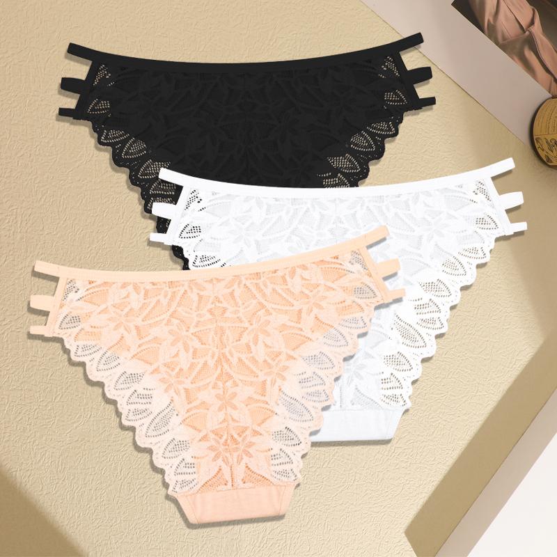 3Pcs Women's Three Belts Underwear Sexy Lace Hollow Out Panties Female Low-Waist Breathable Briefs Stretch Soft Lingerie