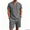 Men's White Linen 2-Piece Set: Lace-Up V-Neck Short Sleeve Top & Shorts. Lightweight Summer Beach Vacation Outfit.