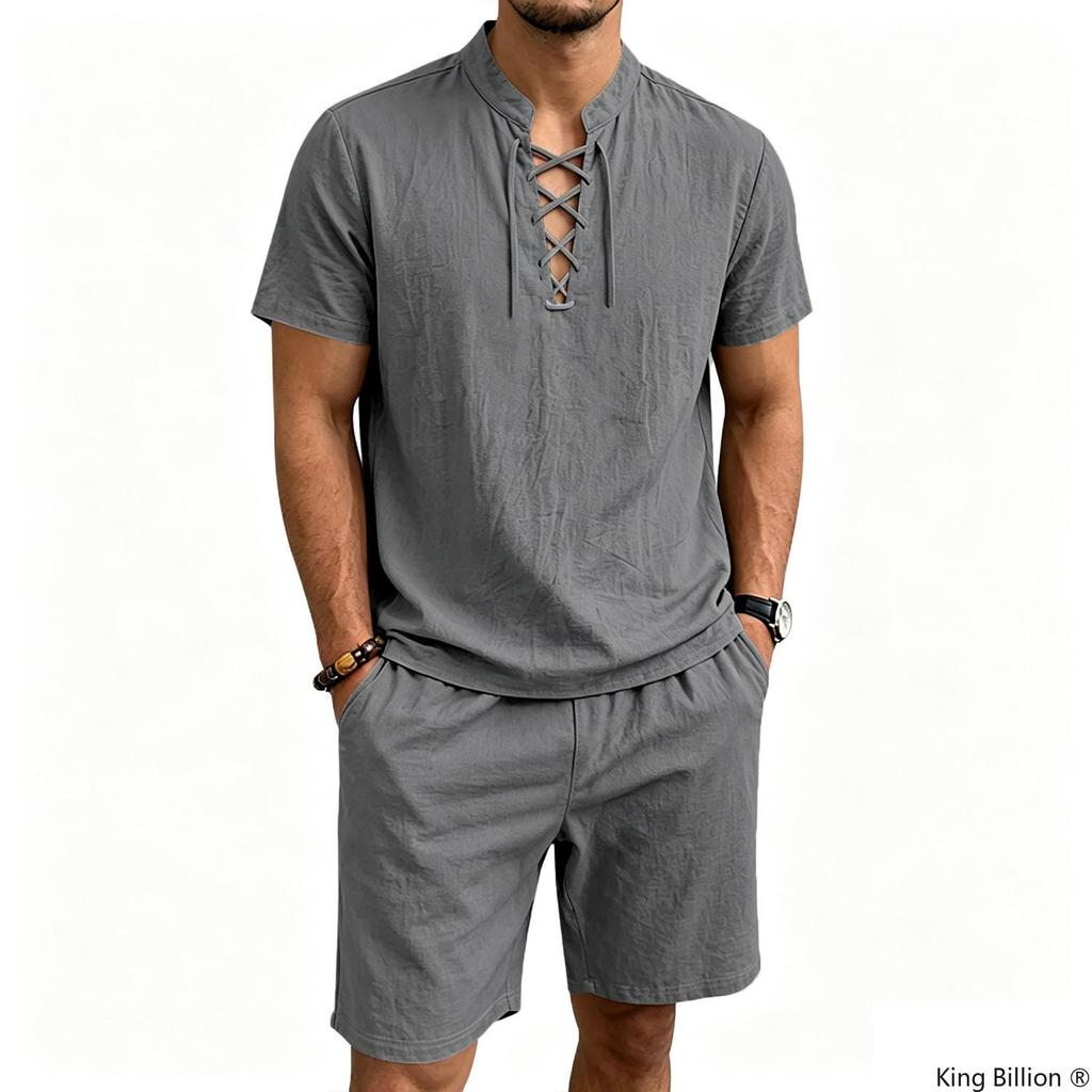 Men's White Linen 2-Piece Set: Lace-Up V-Neck Short Sleeve Top & Shorts. Lightweight Summer Beach Vacation Outfit.