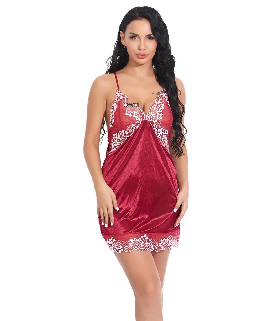 European & American Spaghetti Strap Backless Lace Trim Nightdress Lingerie Set