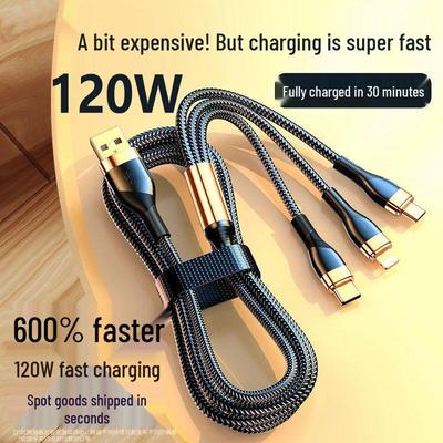 120W Fast Charging 3-in-1 Multi-Head Phone Data Cable