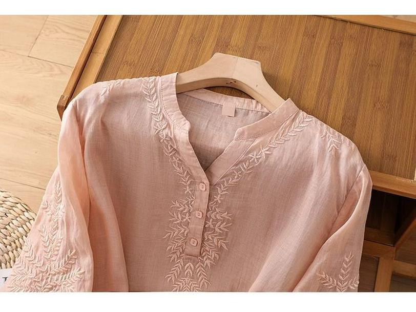 2025 Summer Women's V-Neck Cotton Linen Embroidered Loose Short Sleeve Plus Size Top