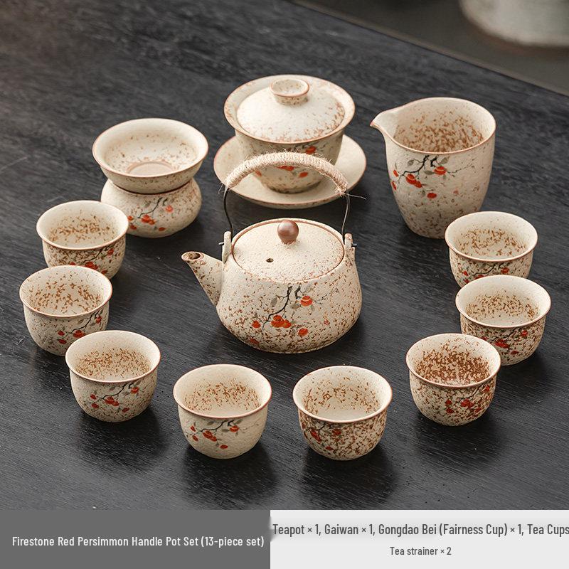 High-End Flint Red Gongfu Tea Set with Ceramic Kettle, Teacups, and Teaplatters