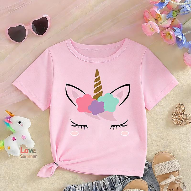 Unicorn Print Girl's Aged 4-14 Cute T-shirt Casual Short Sleeve Comfortable Versatile Tee Tops For 2026 Summer
