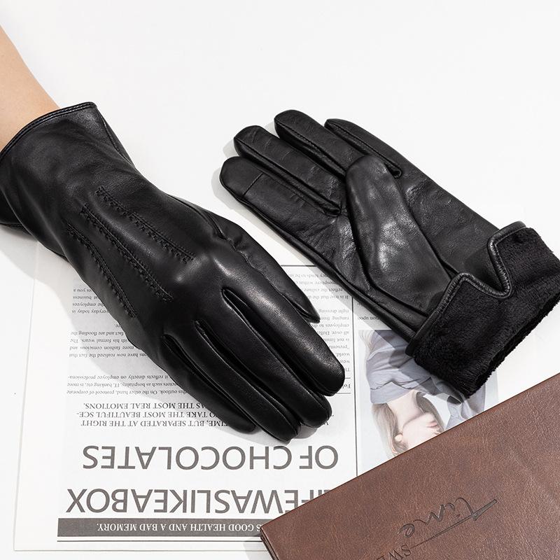 Long Warm Genuine Leather Gloves Sheepskin Gloves for Women  Touch Screen Fashionable and High  End  Black Autumn and Winter