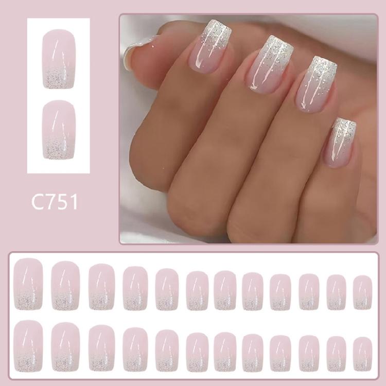 24 Pcs French Tip Full Cover Stick On Nail Short Square False Nail Glitters Artificial Nail Gradient Press On Nail