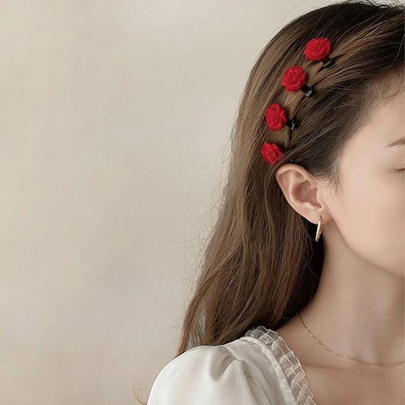 1PC Korean Red Velvet Rose Hair Clips For Women Small Flower Hairpins Girls Elegant Hair Clip Pin Barrettes Wedding Hair Accessories