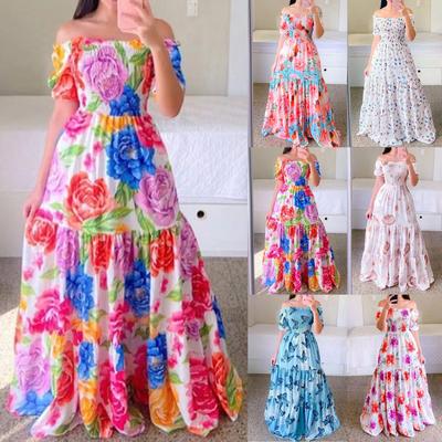 Women's Fashion Casual Sexy One Shoulder Floral Strapless Long Printed Skirt