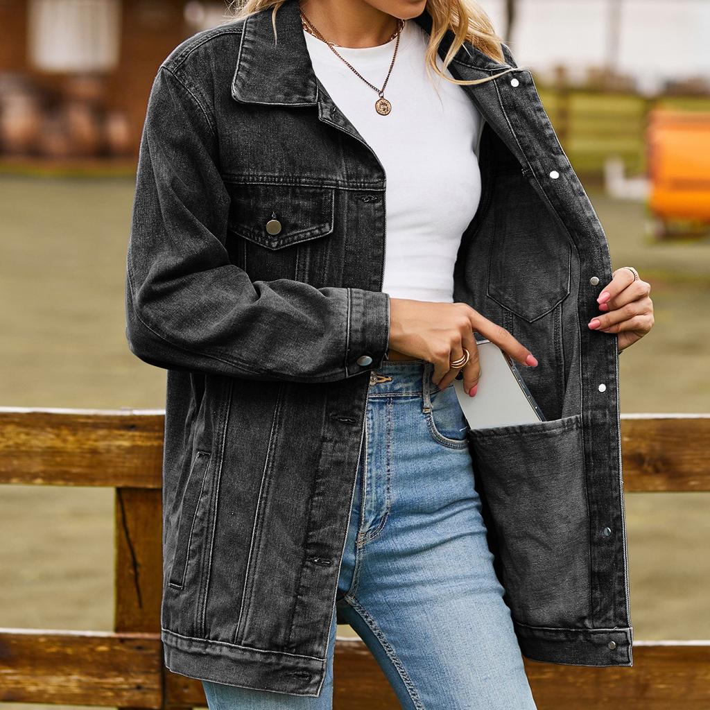 Women's Fashionable Versatile Classic Retro Solid Color Lapel Long Sleeved Pocket Loose Denim Jacket