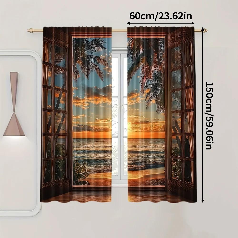 Set Of 2 Jit Scenic Palm Trees Window Curtain Drapes Polyester Living Room Decor Holiday Curtains Darkening Made Treatment