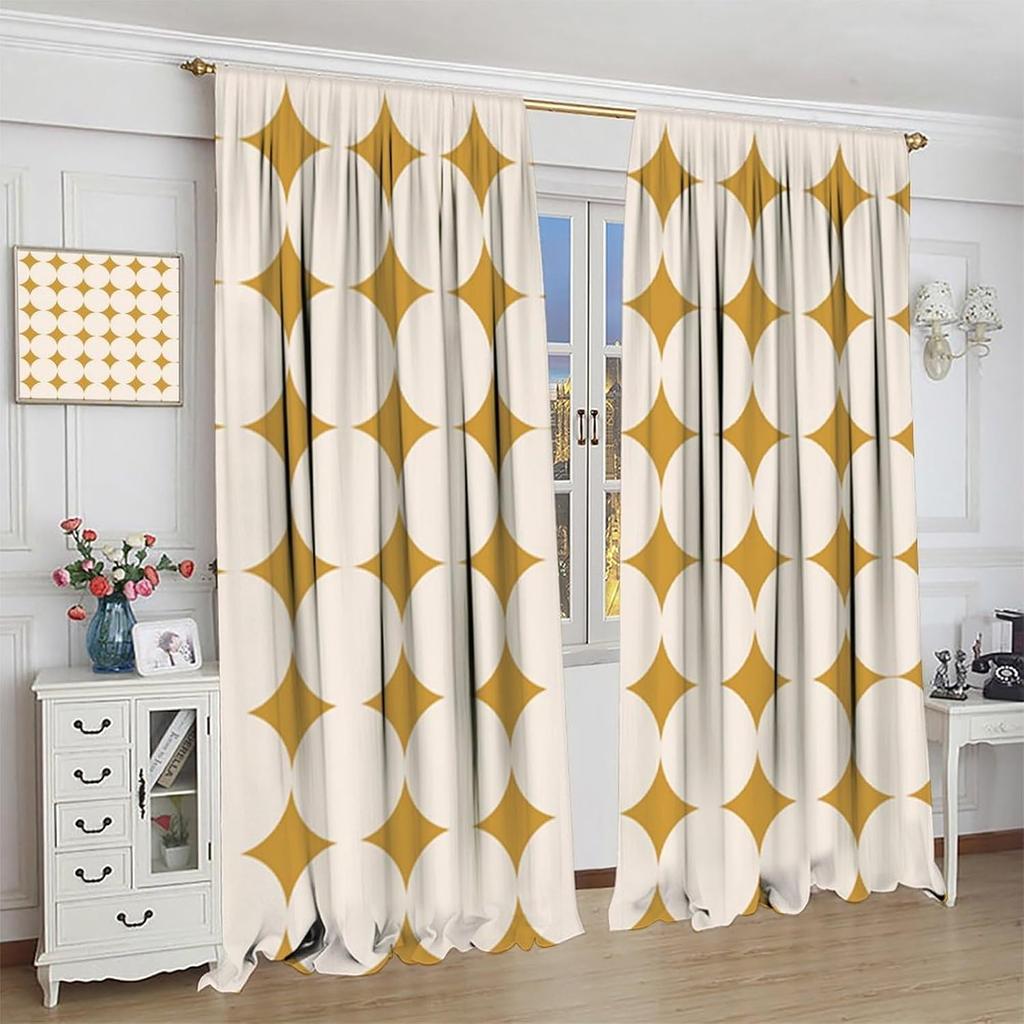 Mid-Century Vorhang, Gelb Vintage Abstrakt Boho Fensterdekoration Moderne Geometrische Kreise Kreisförmig Klassisch Retro 50er Jahre Bauernhaus