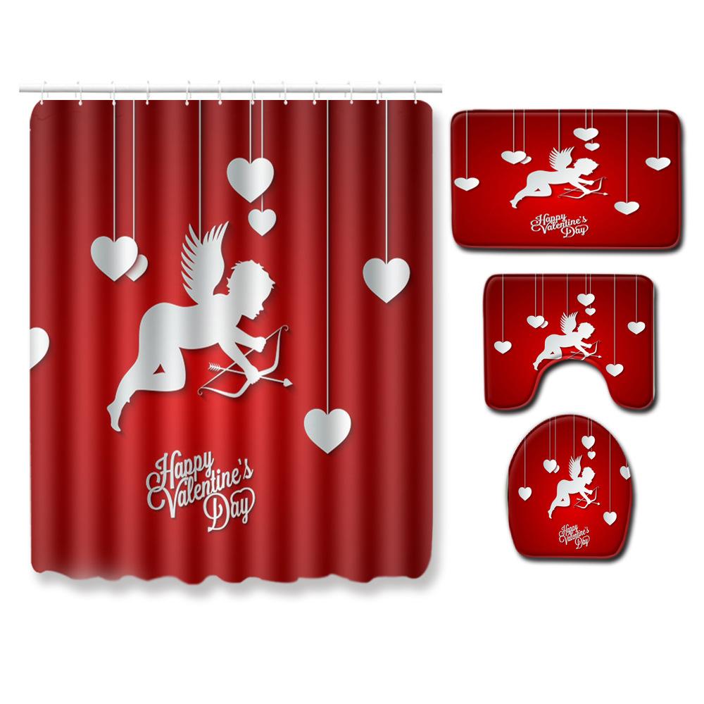 Valentine'S Day Toilet Shower Curtain Four-Piece Printed Floor Mat Set Bathroom Floor Mat Bedroom Absorbent Door Mat Carpet