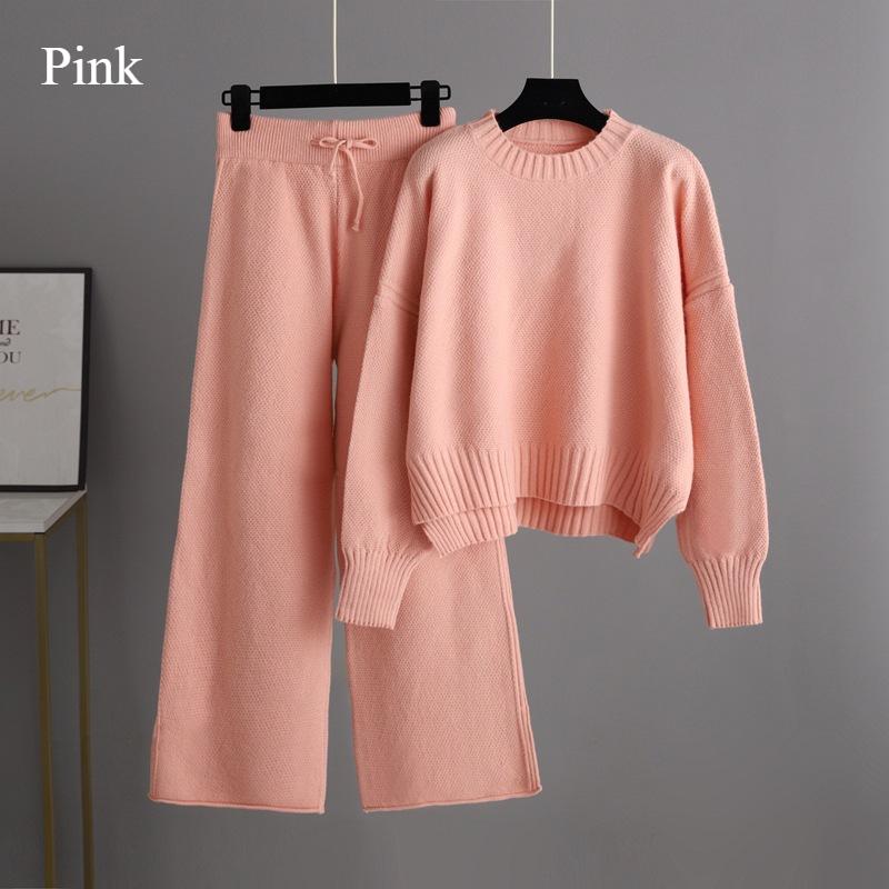 

Свитер женский осенне-зимний теплый ленивый ветер кашемировый однотонный подходящий костюм круглый вырез новый модный широкий край эластичный пояс широкие брюки one size fits all розовый