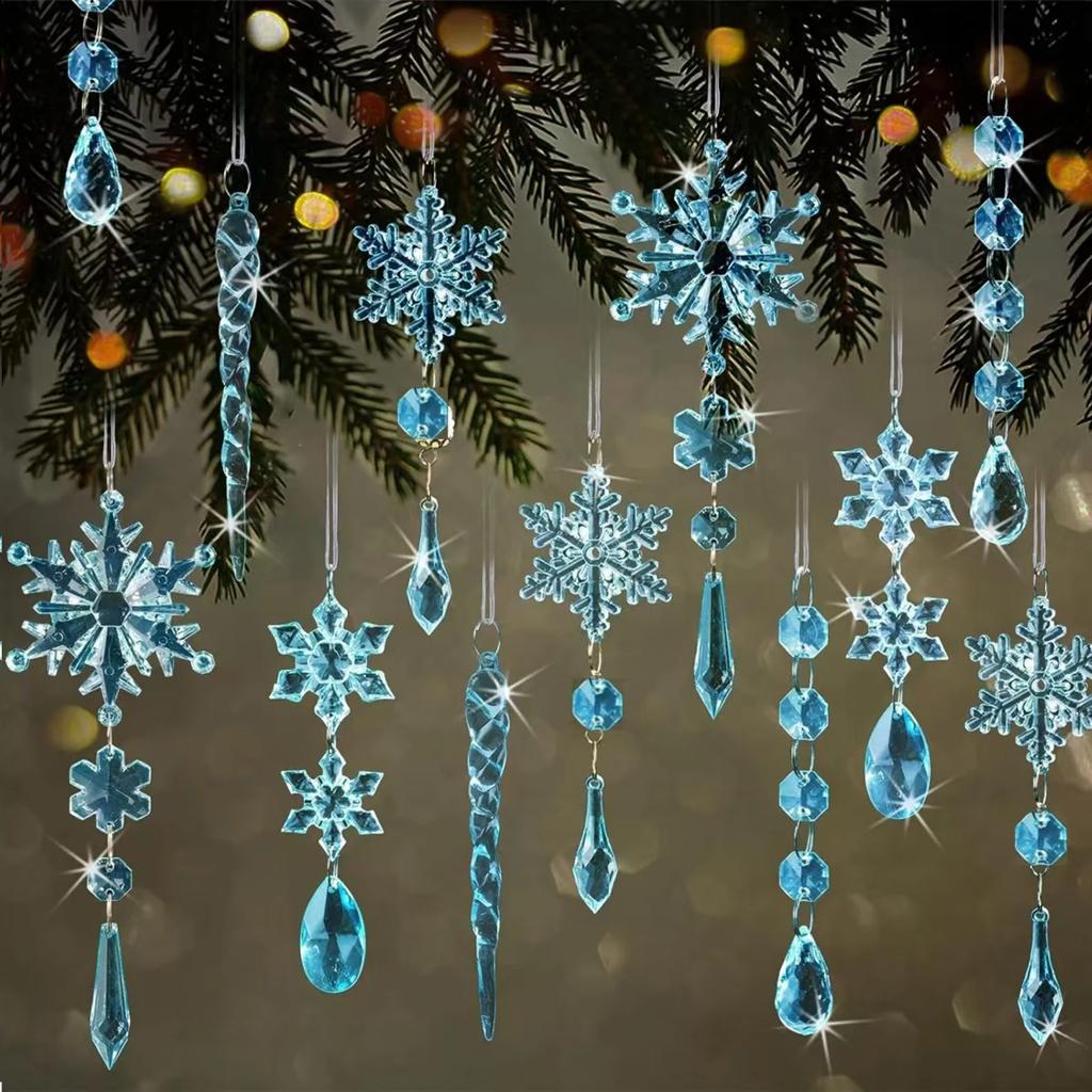 10 Pcs Christmas Tree Pendants with Strings Xmas Baubles Snowflake Icicles Hanging Ornaments for Christmas Party Wedding