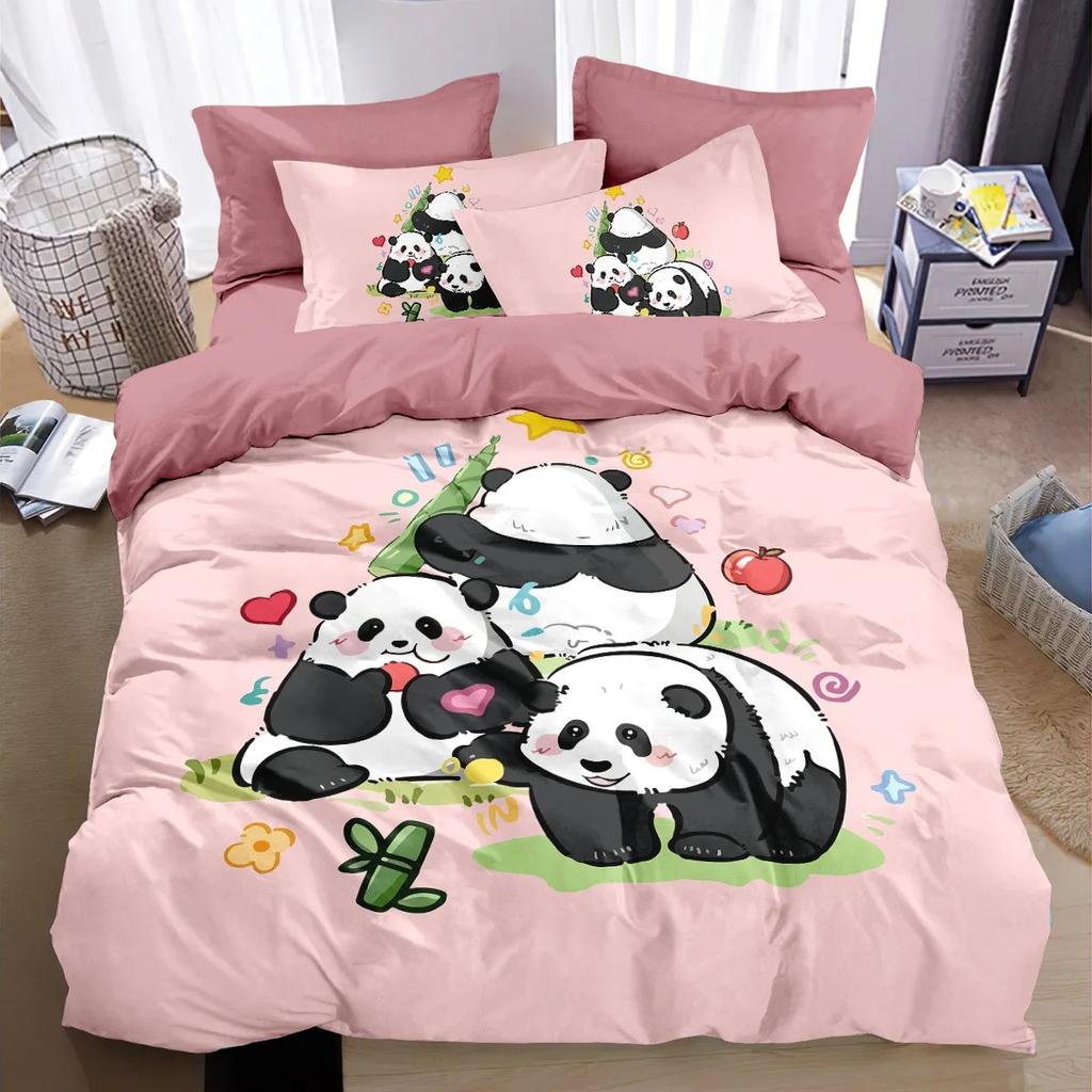 Cartoon Panda Bedding Set 2/3Pcs Soft Microfiber Duvet Cover Pillowcases Kids Boys Girls Bedroom Decor Twin Queen King Size
