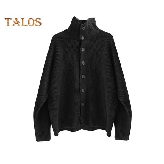 Fall Winter Men Sweater Cardigan High Collar Neck Protection Knit Thick Elastic Long Sleeves Loose Warm Solid Color Knitwear Daily Wear Sweater Coat