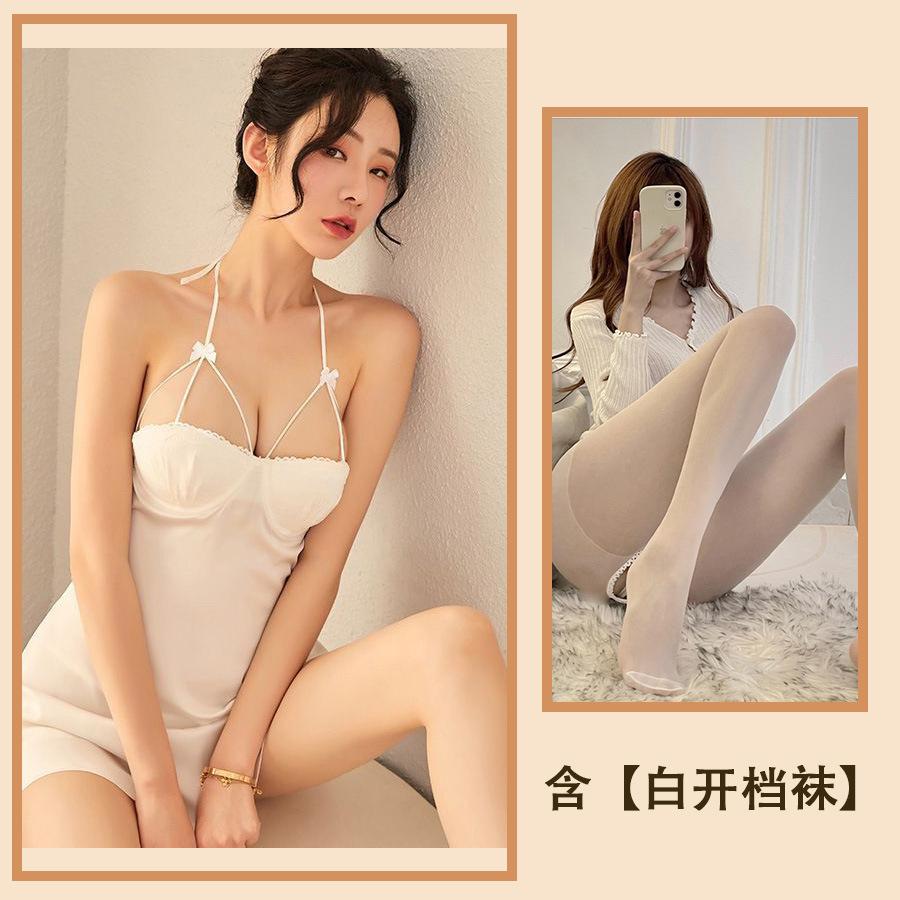 Sexy Underwear, Sexy Nightgown Hanging Neck, Leaking Back, Hollowed Out, Ice Silk Pajamas, Steel Tray, Chest Slits, Suspenders, Skirt Women
