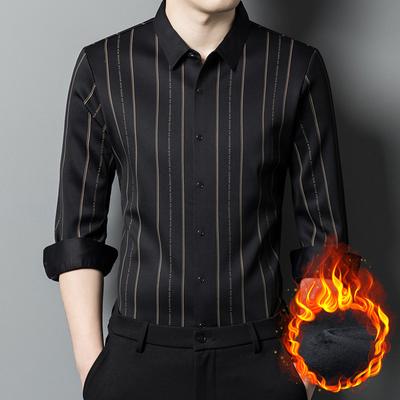 Men's Fleece Shirt Seamless Long-sleeved Middle-aged Fashion Casual Striped Stretch Shirt Thickened Warm Inch Shirt